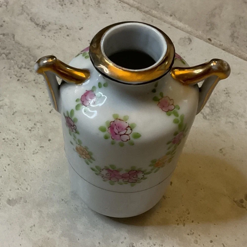 Vintage Hand Painted Japan Porcelain Floral Bud Vase Gold Gilt Handles Roses